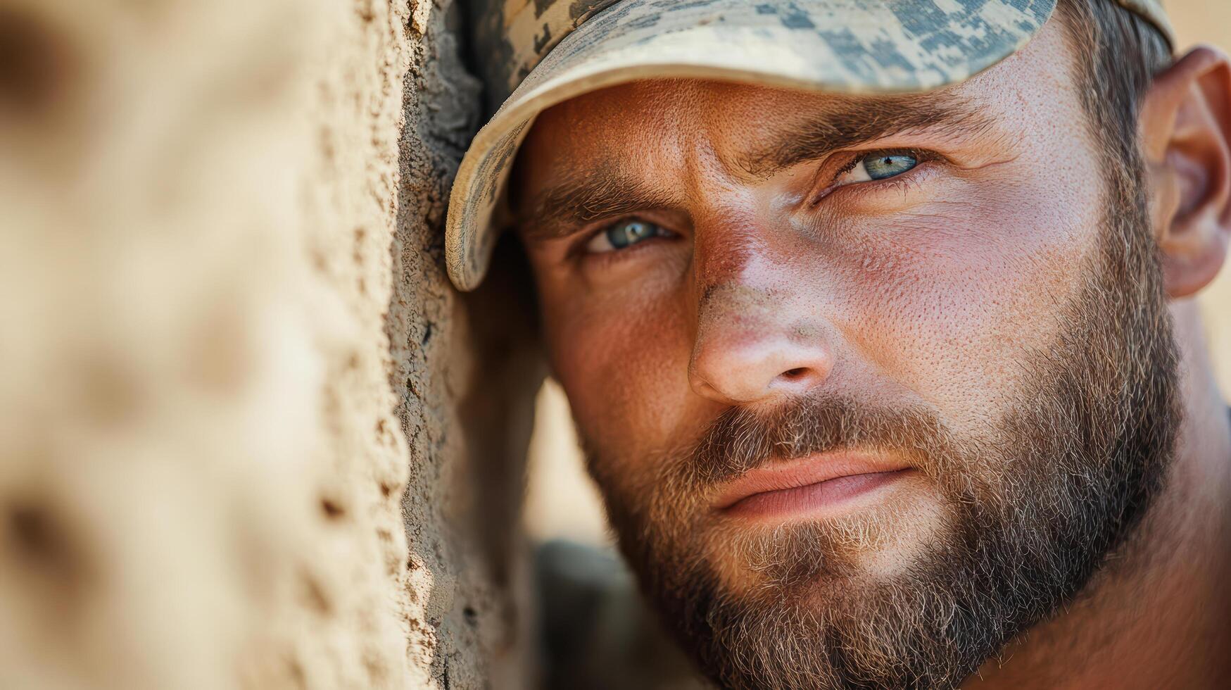 A man in a military uniform is leaning against a wall photo