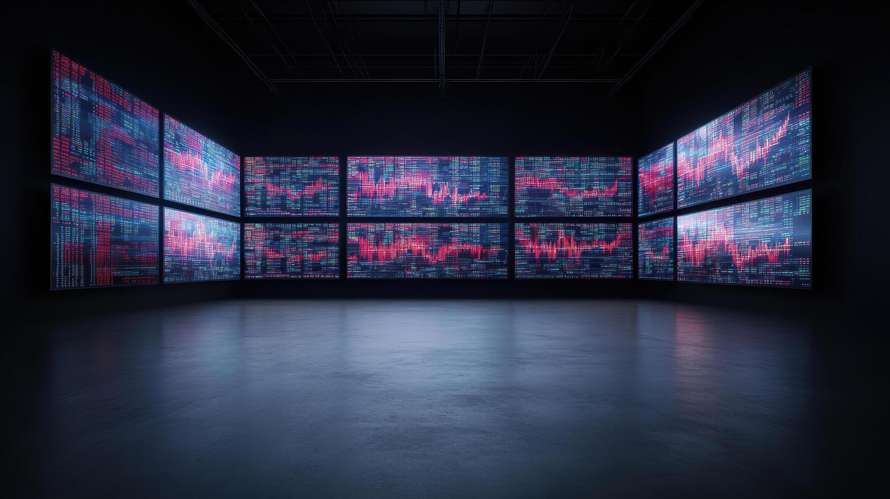 A large room with multiple screens showing different colors photo