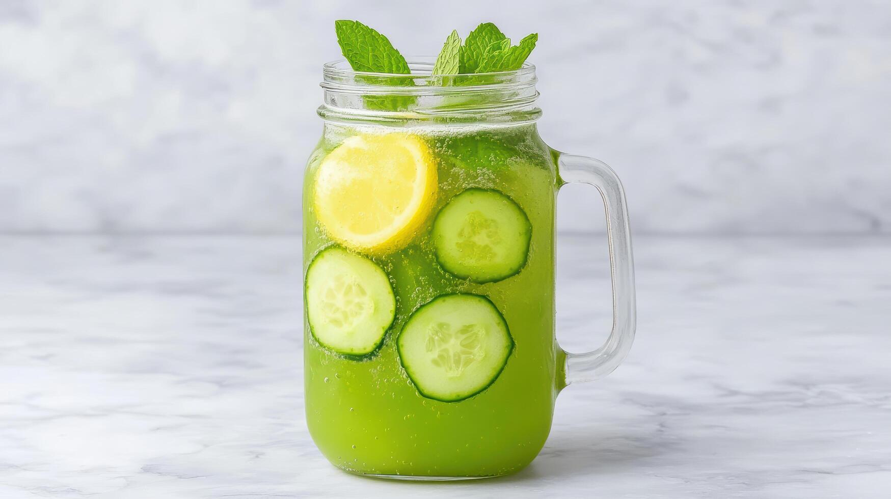 A glass jar filled with cucumber and lemon slices photo