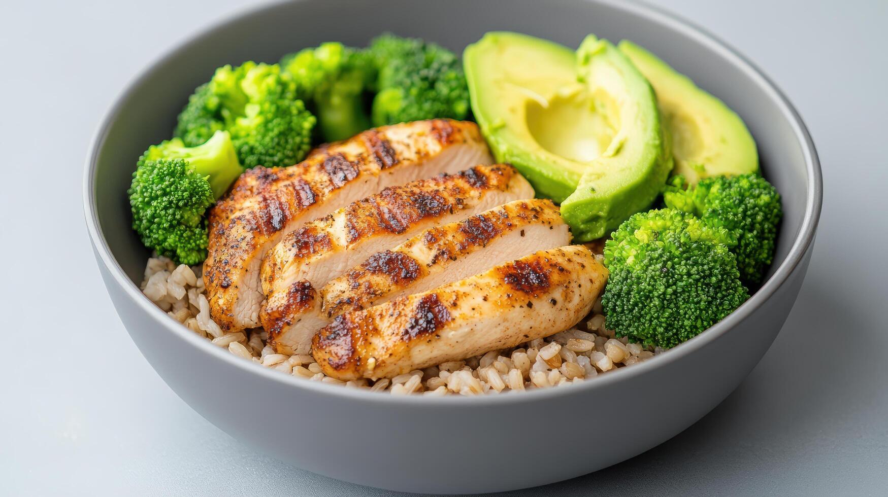 A bowl of rice, broccoli and chicken photo