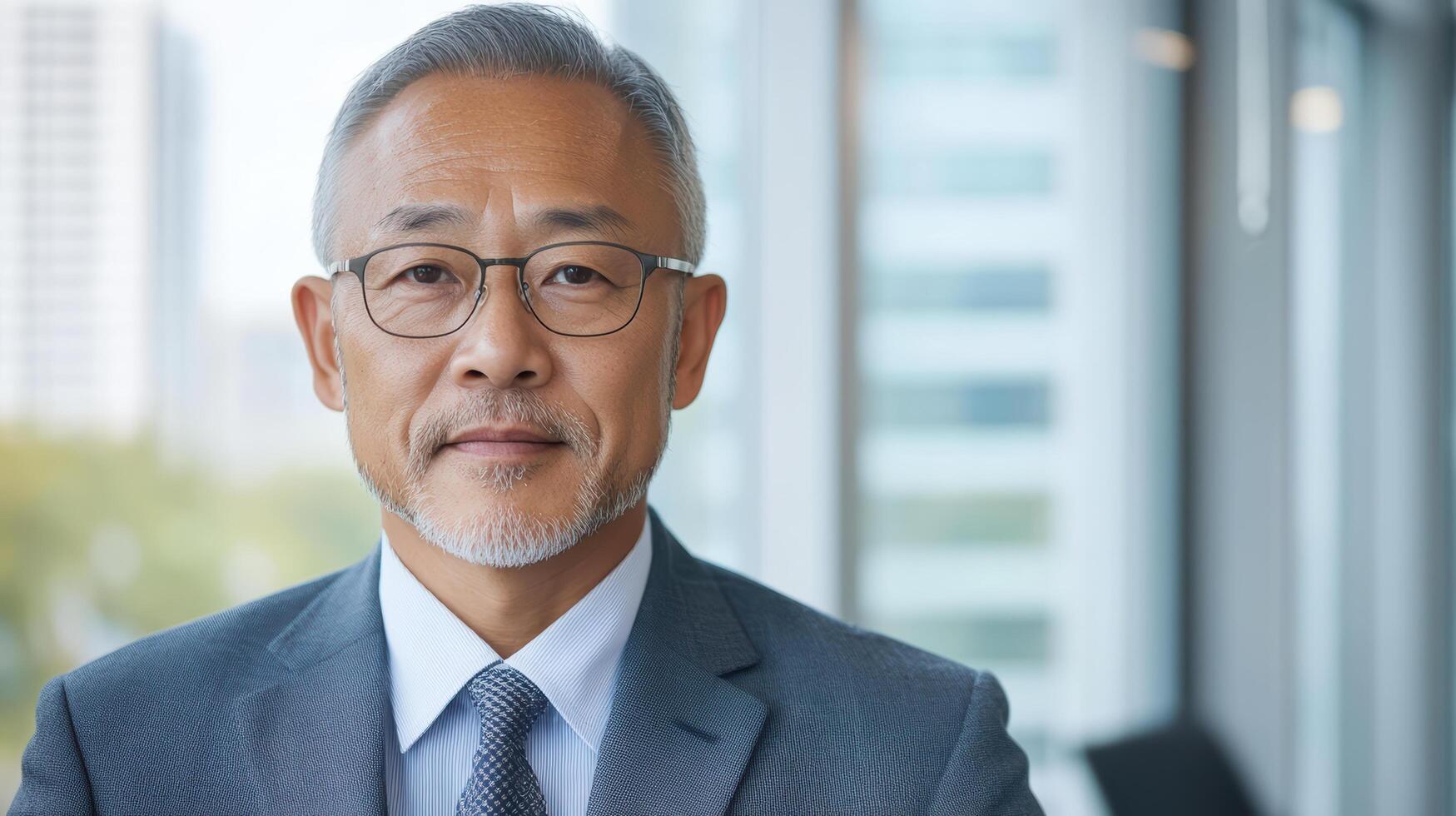 Professional man suit with glasses, exuding confidence and experience modern office setting photo