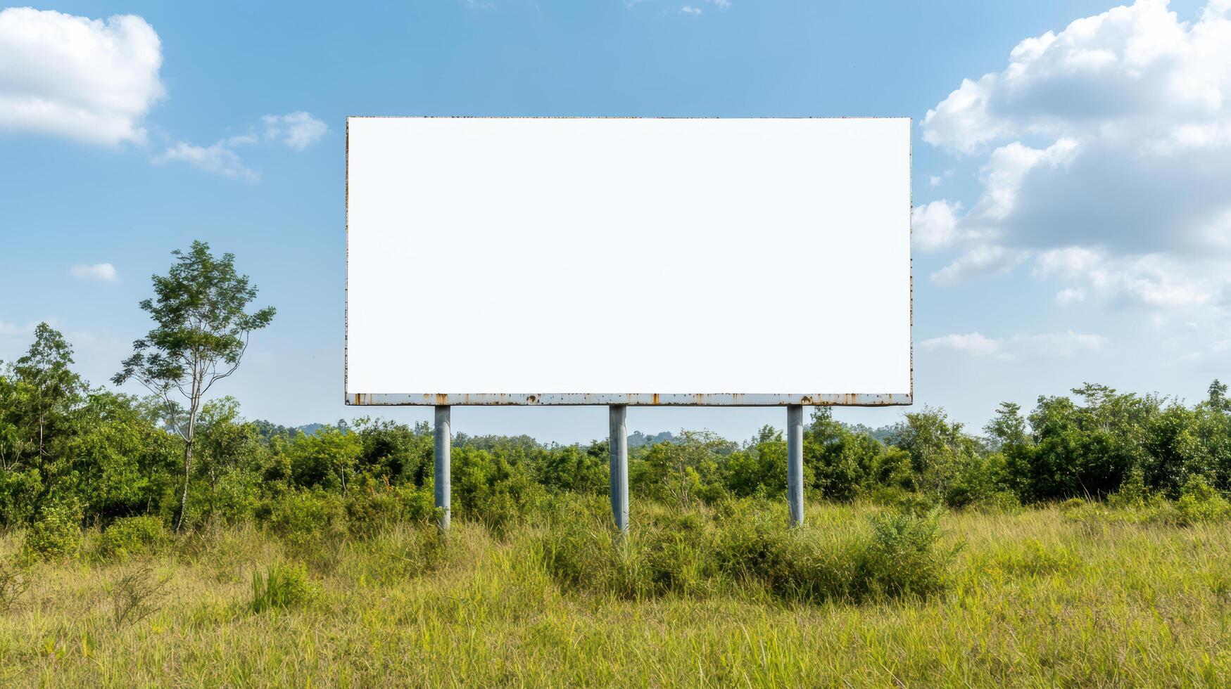 large blank billboard stands in lush green field under bright blue sky, inviting creativity photo