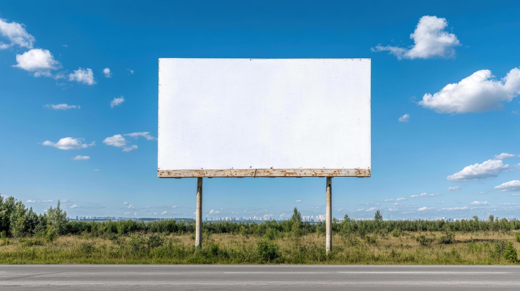 large blank billboard stands prominently open field bright blue sky, inviting creativity photo