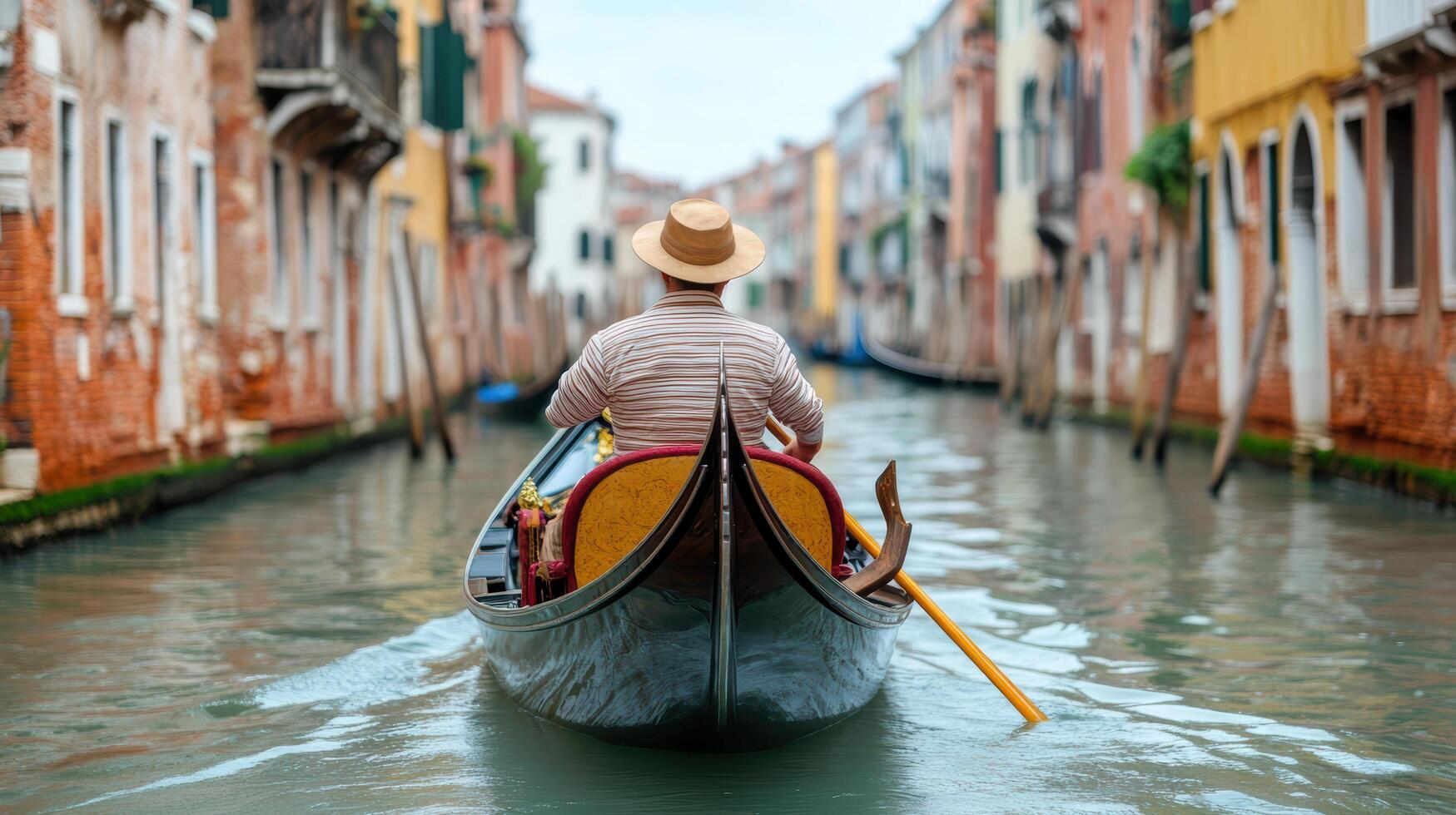 A man in a hat is riding a gondola down a narrow canal photo
