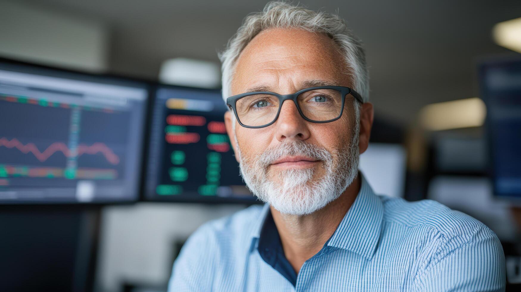 A man with glasses and a beard in front of multiple computer screens photo