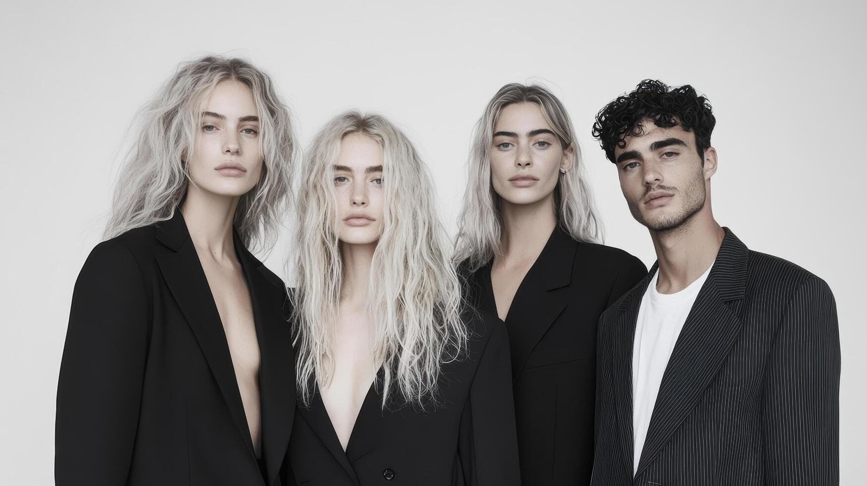 Four models in black suits posing for a photo