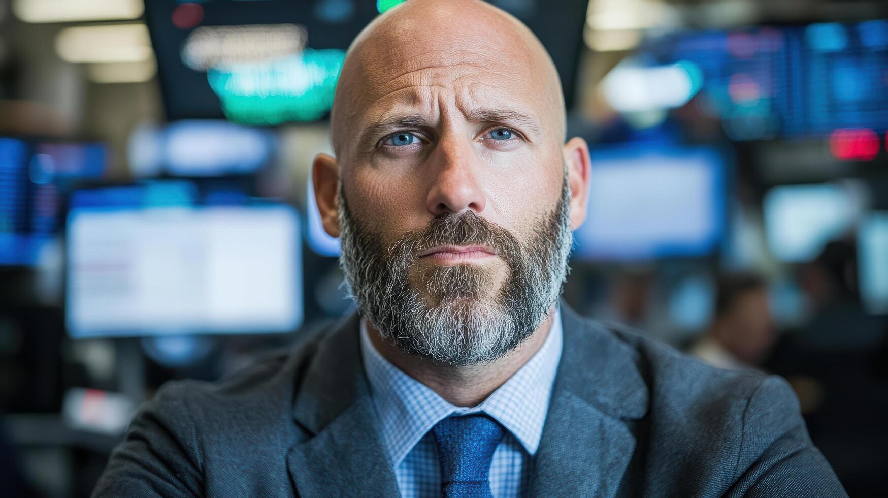 A bald man with a beard and suit looking at the camera photo