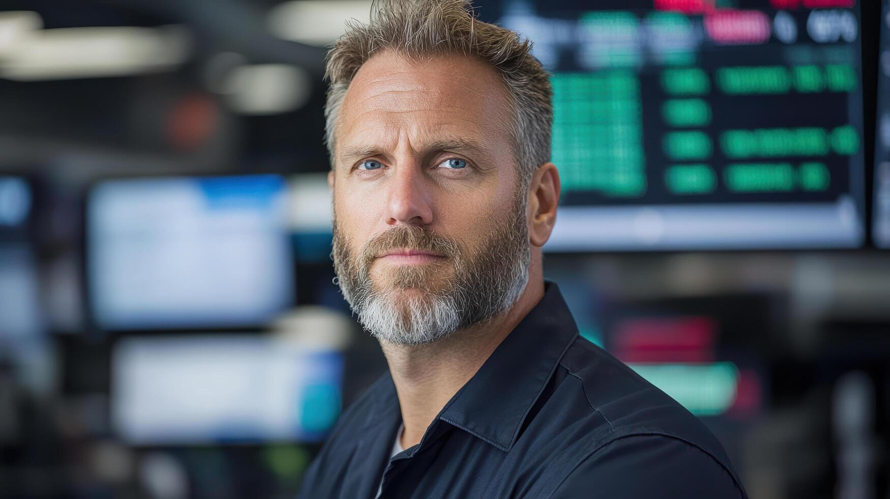 A man with a beard and a beard standing in front of a computer screen photo