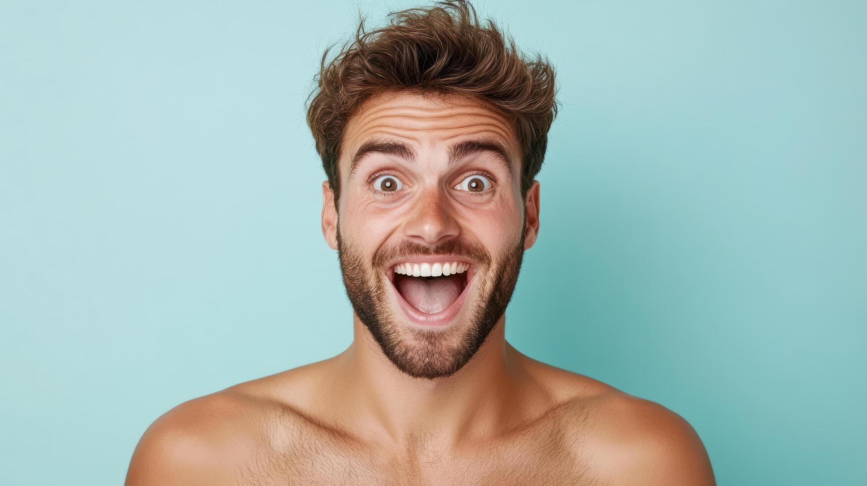 A shirtless man with a surprised expression photo