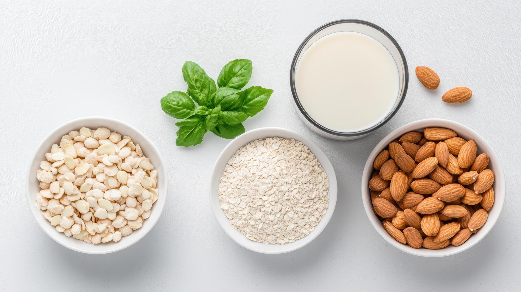 Various types of nuts and milk in bowls photo
