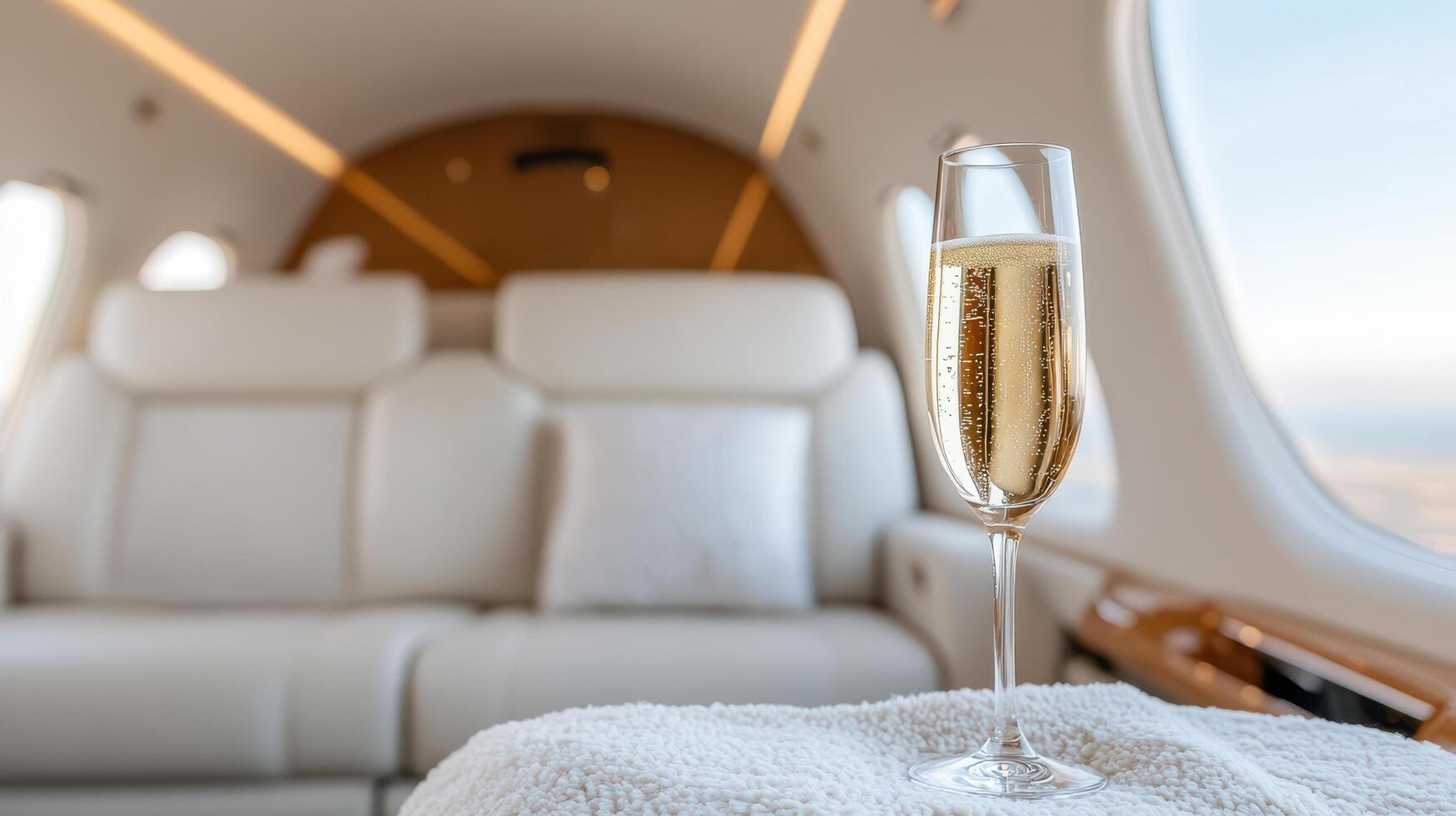 A glass of champagne on a table in an airplane photo