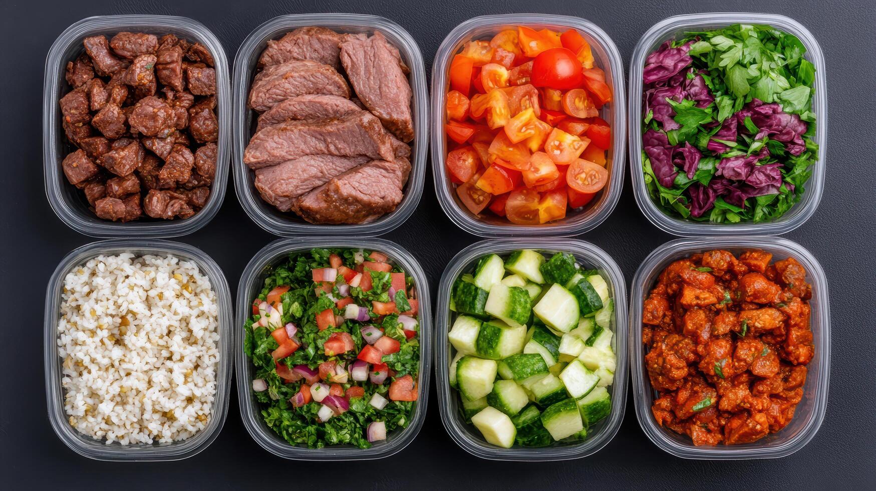 Six containers of different types of food in plastic containers photo