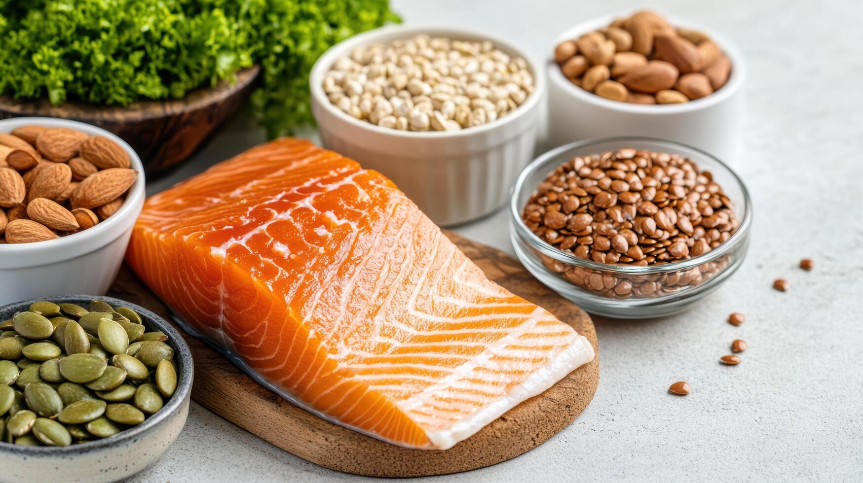 Salmon, nuts, seeds and other foods photo