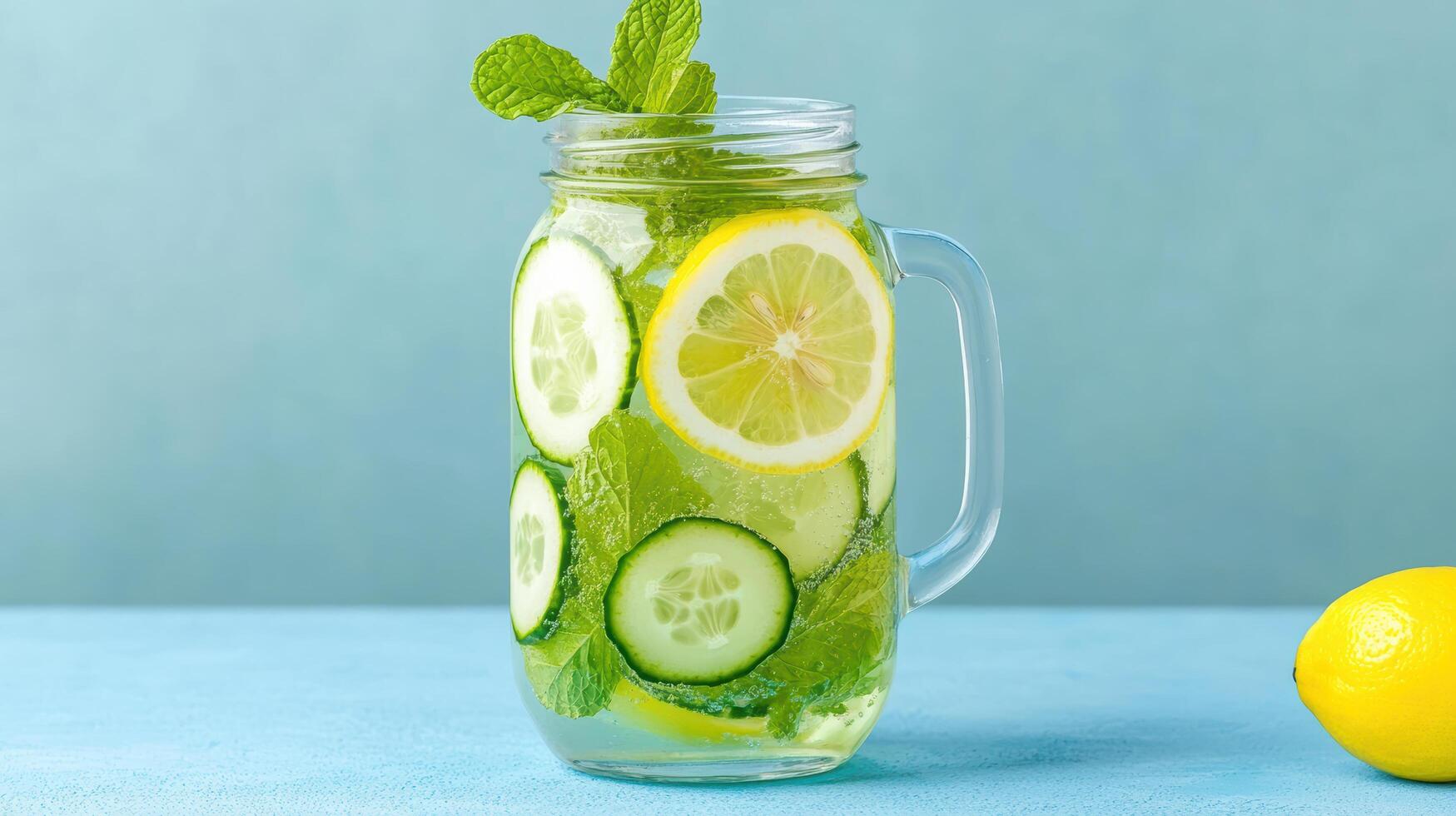 A glass jar with cucumber, lemon and mint leaves photo