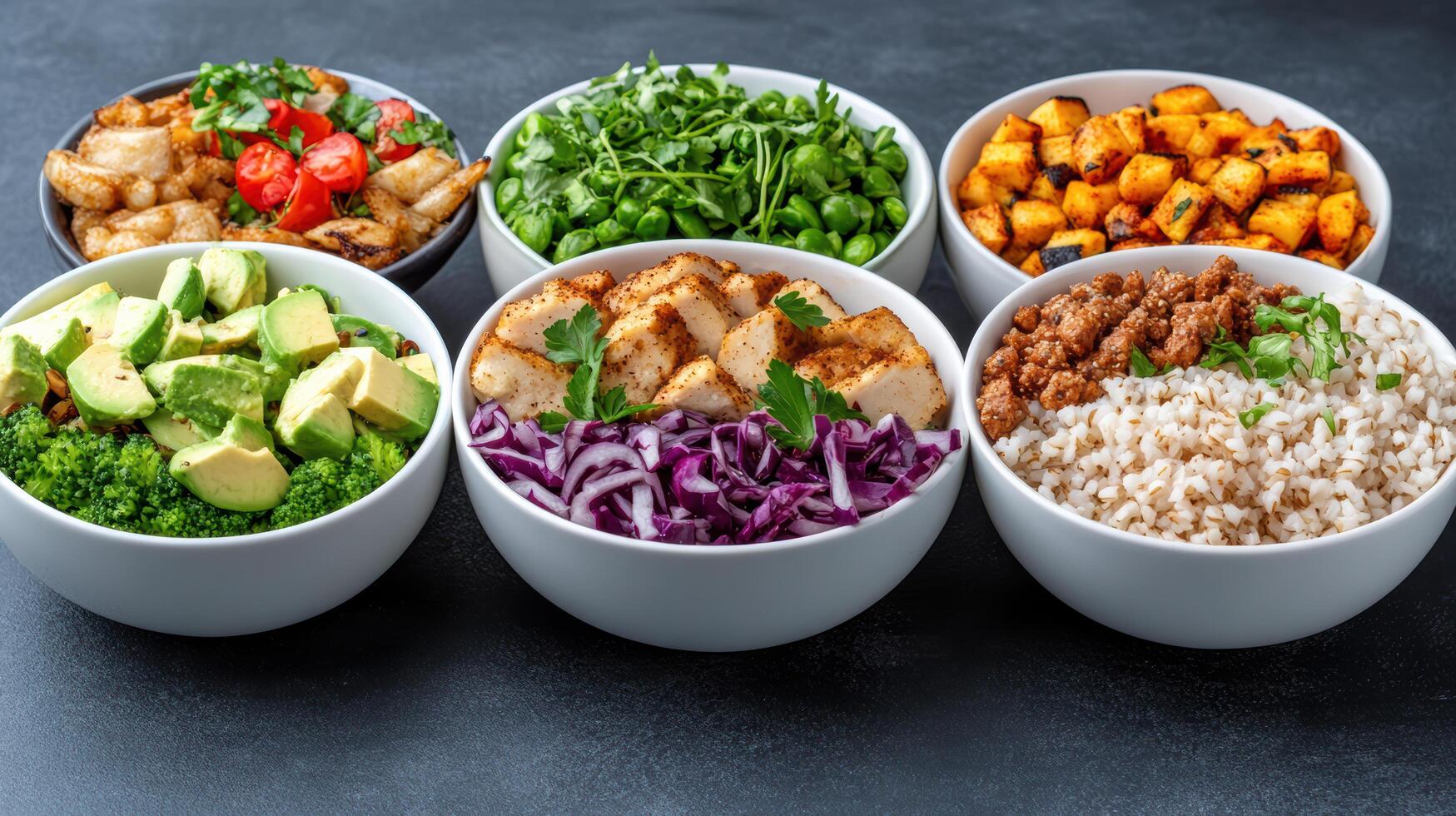 Five bowls filled with different types of food photo