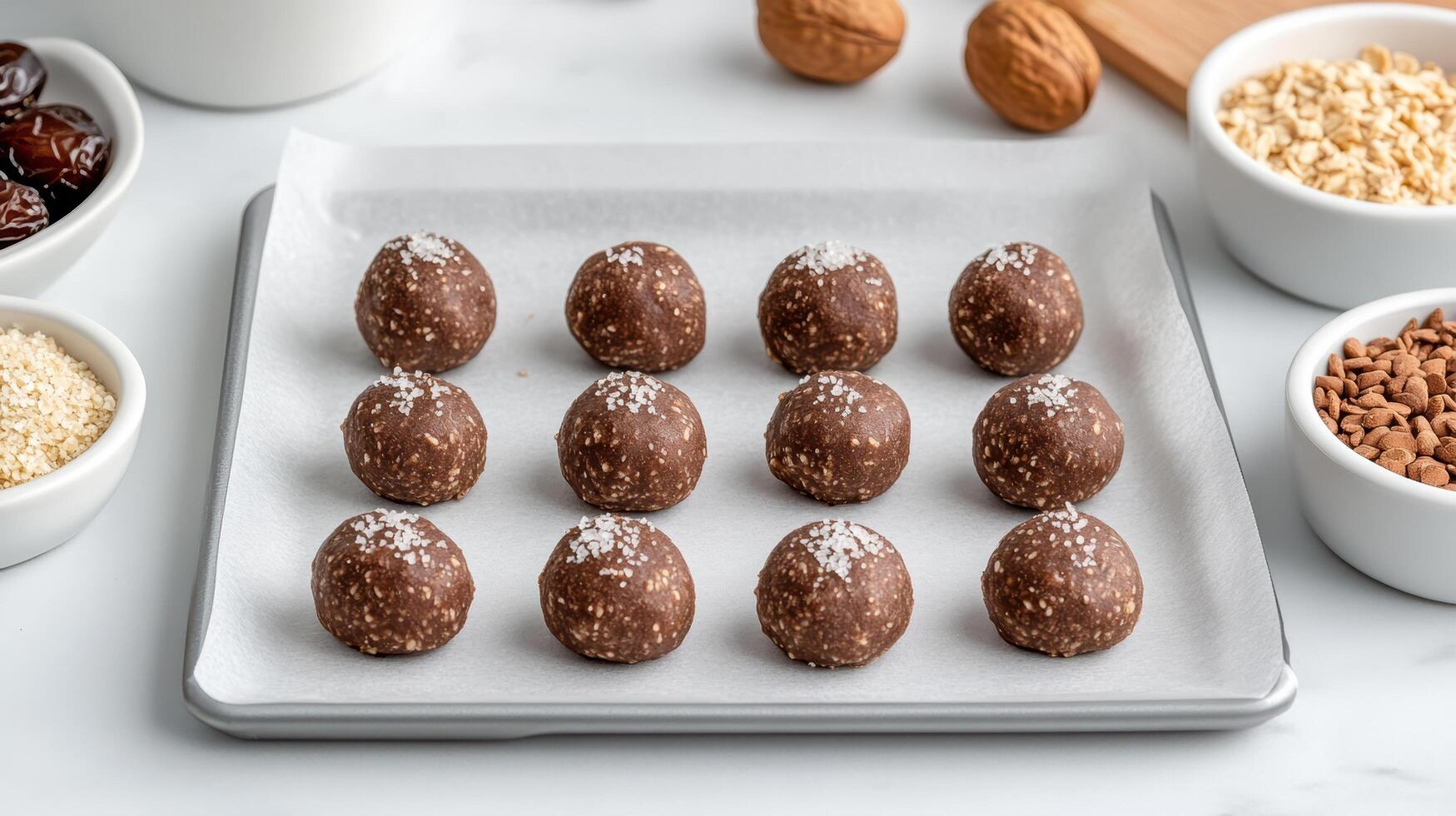 Chocolate balls and nuts on a baking sheet photo