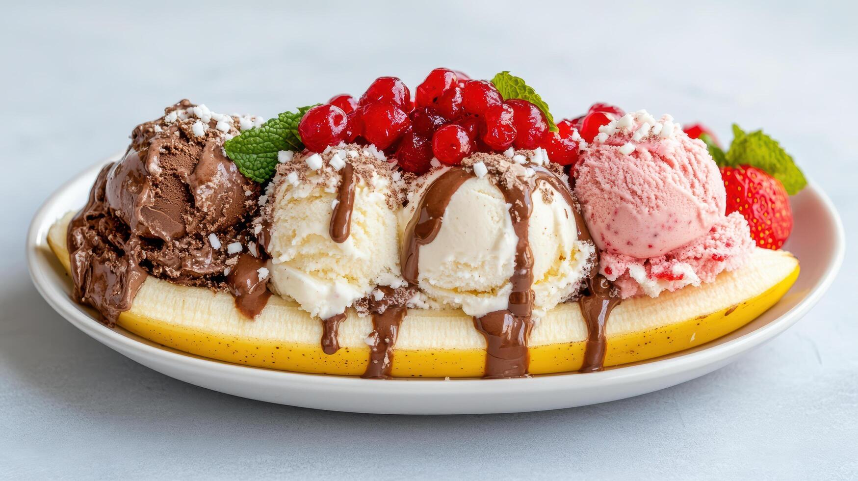 Banana split with ice cream, chocolate and berries photo