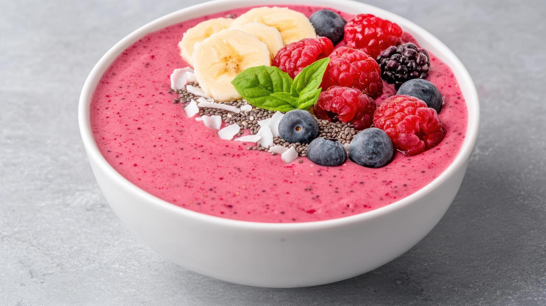 A bowl of smoothie with berries, bananas and other fruits photo