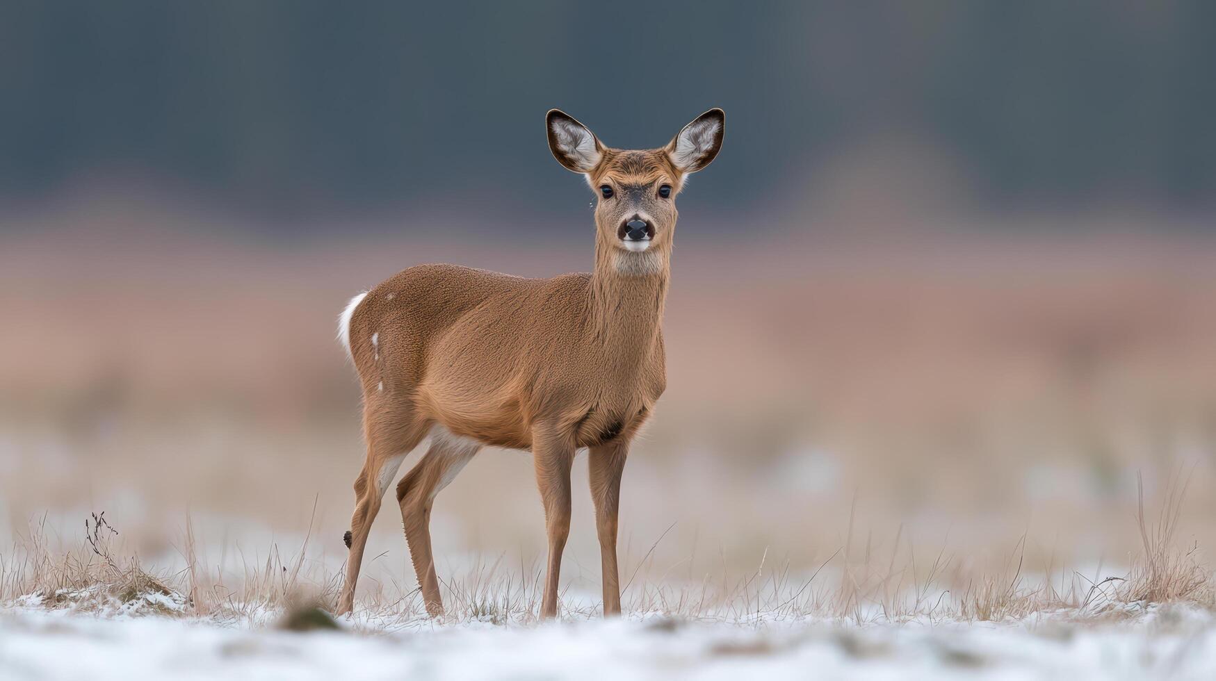 A deer stands in the snow in a field photo