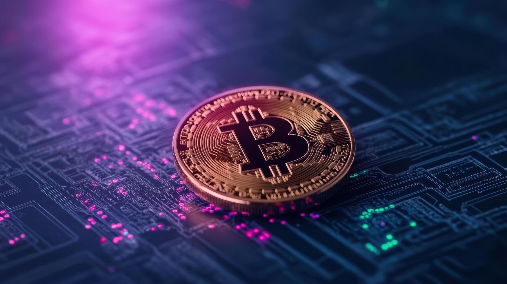 Bitcoin on circuit board with colorful lights photo
