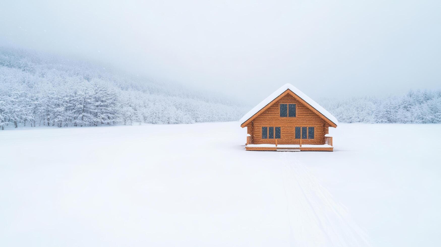A small wooden house sits in the middle of a snowy field photo