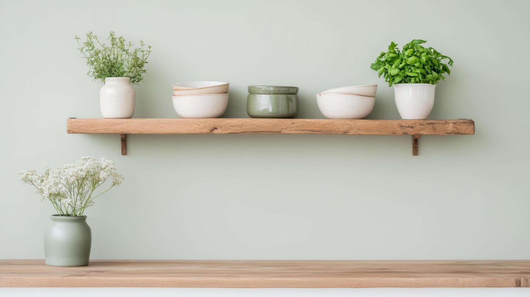 A shelf with several pots and plants on it photo