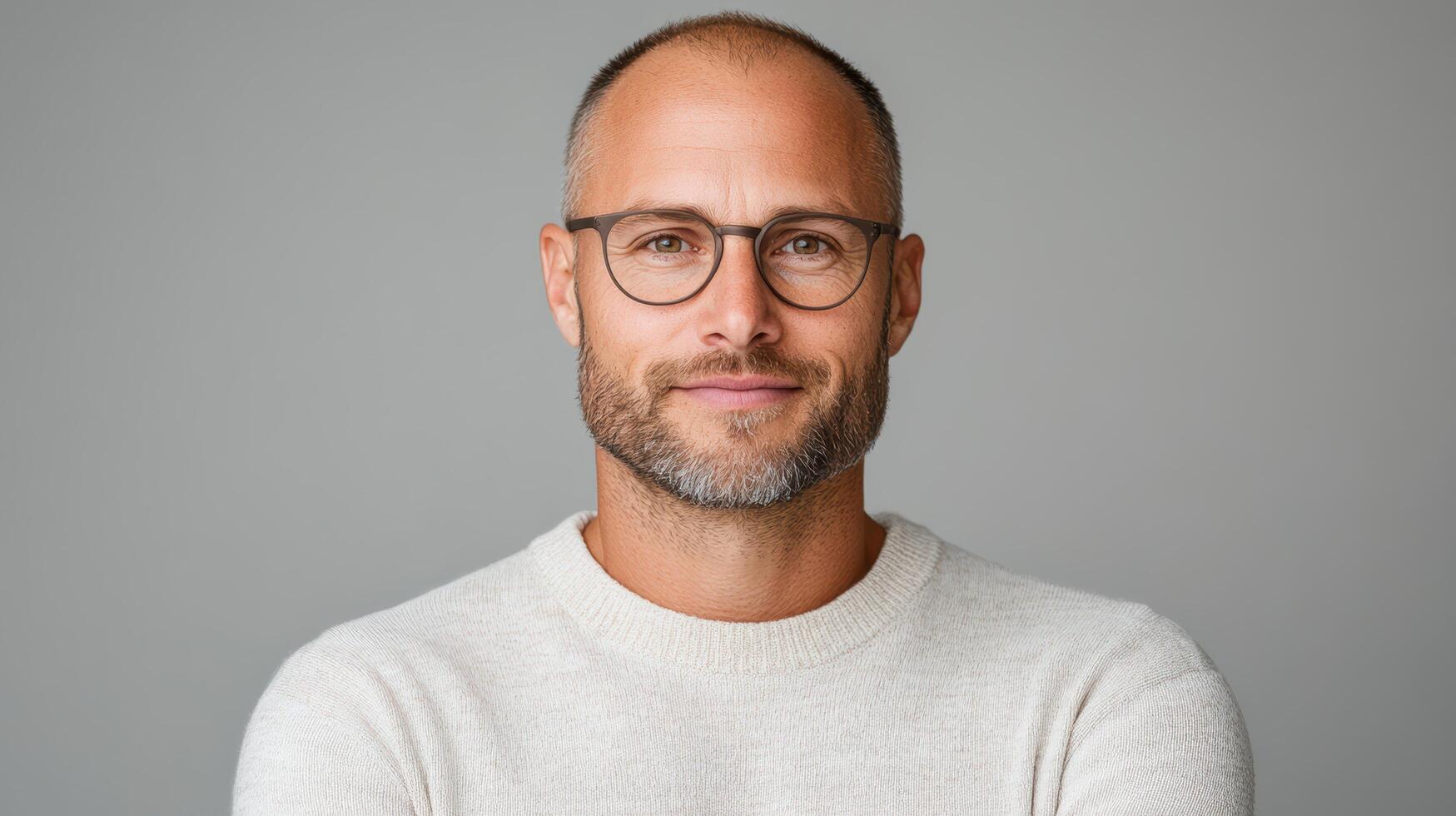 Portrait of a handsome man with glasses on grey background photo