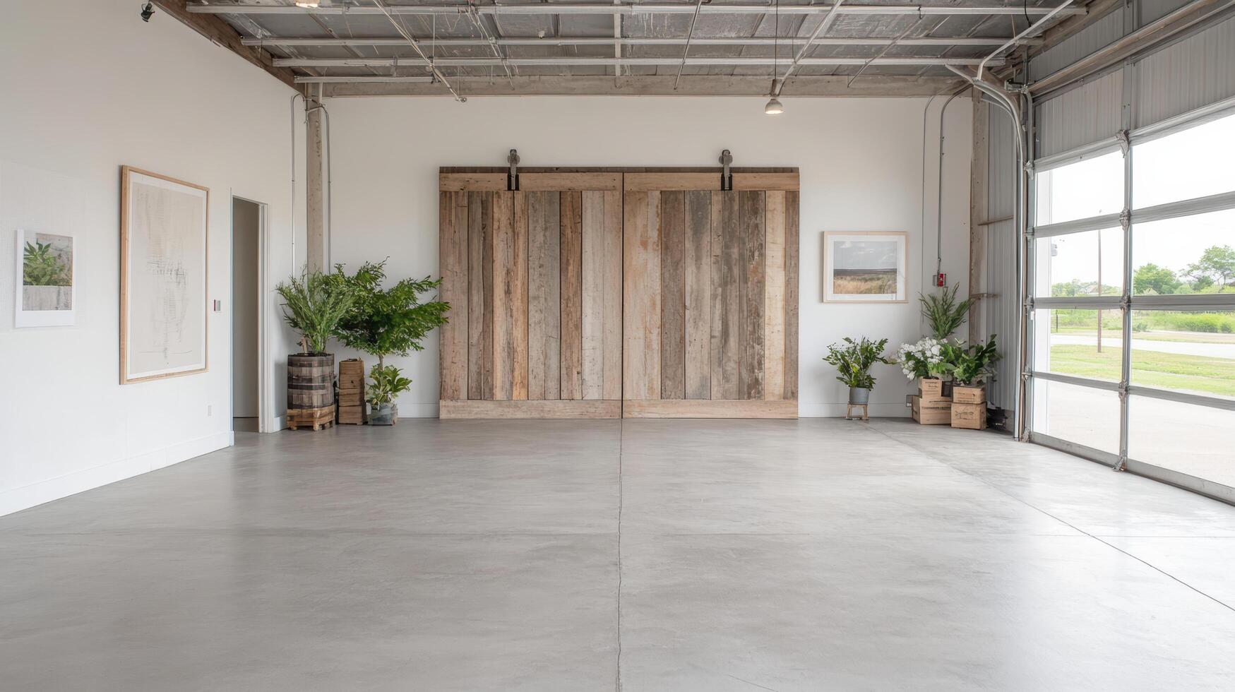 A large room with a wooden door and plants photo