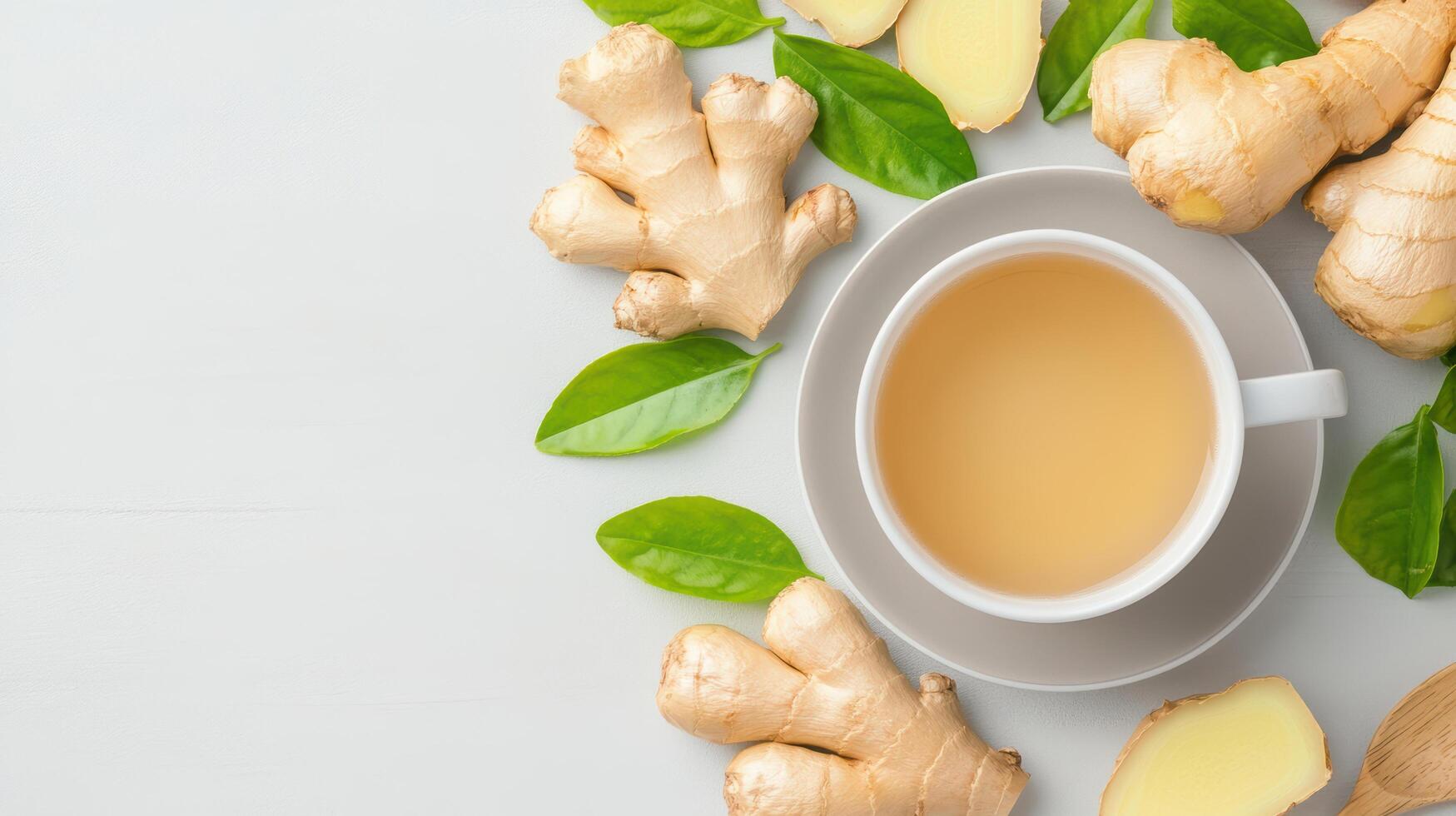 Ginger tea with leaves and ginger on white background photo