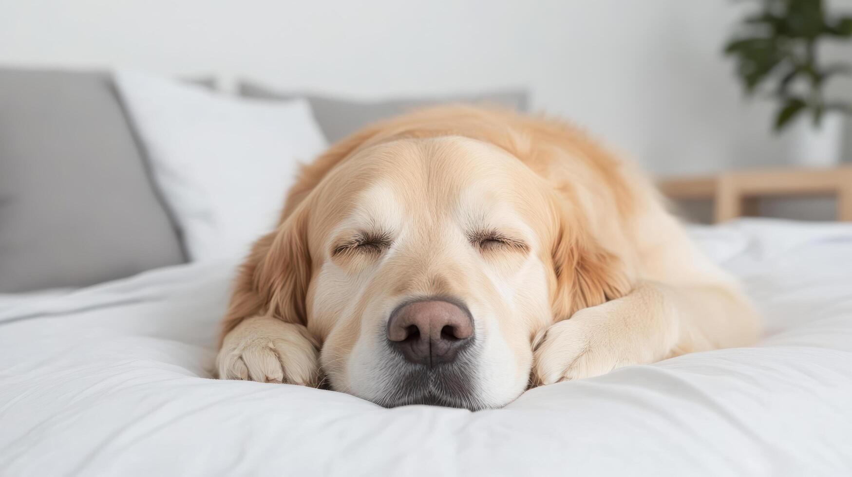 A dog sleeping on a bed with its head on the pillow photo