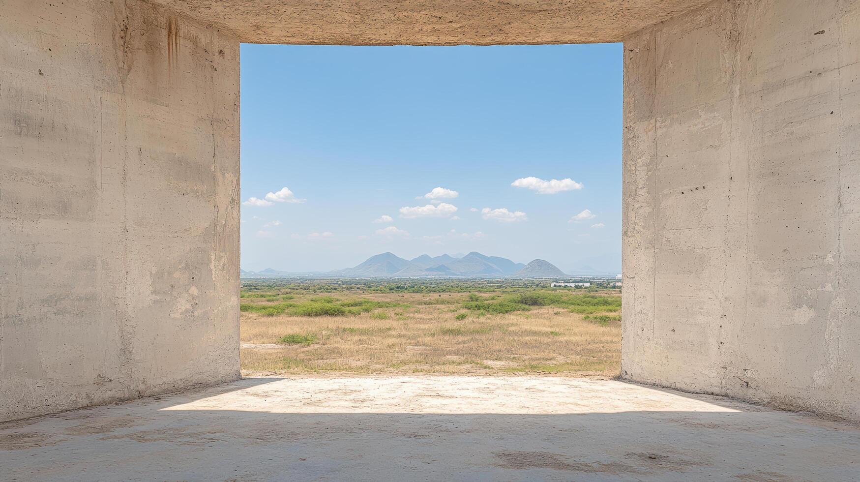 A window in a concrete building with a view of a mountain photo