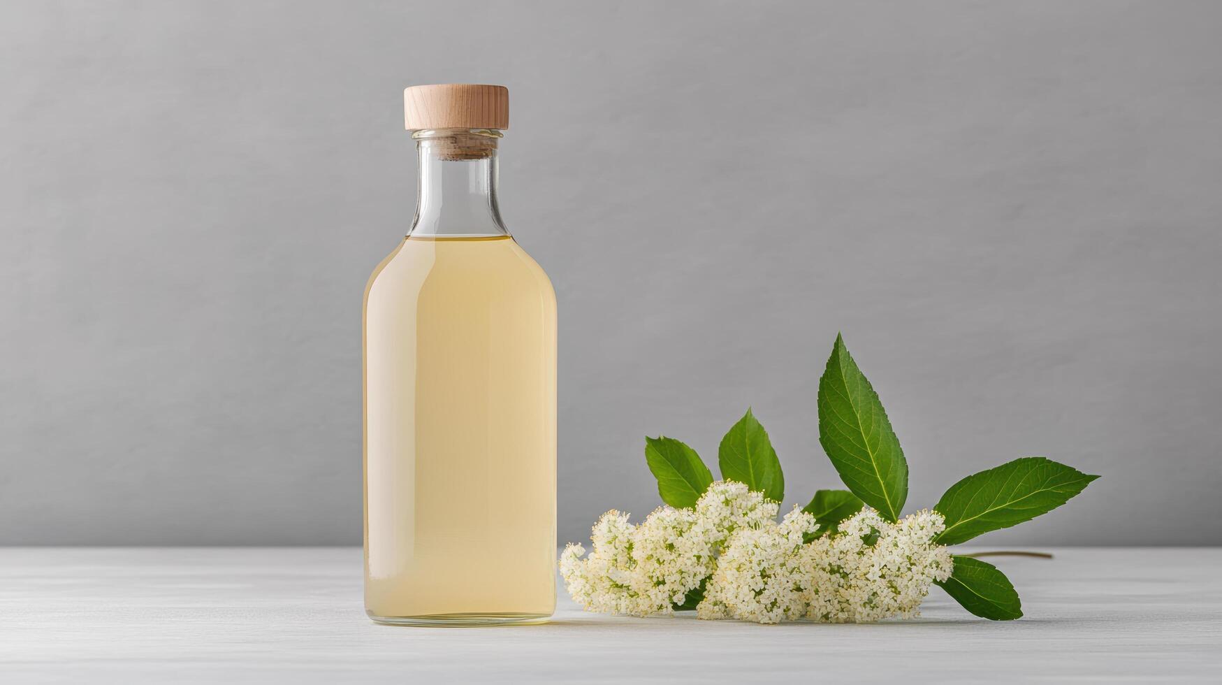 A bottle of honey and a branch of elderflower photo