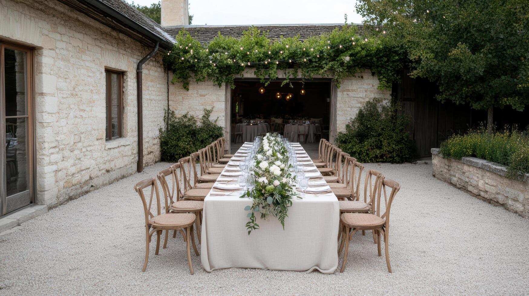 A long table set up in a courtyard with chairs photo