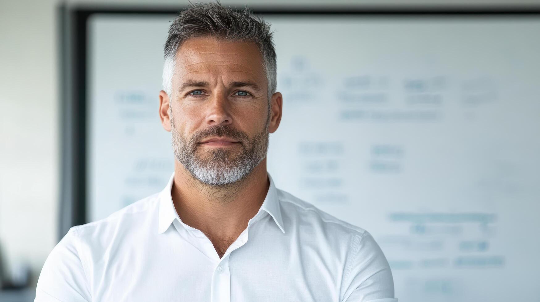 A man with a beard and white shirt standing in front of a whiteboard photo