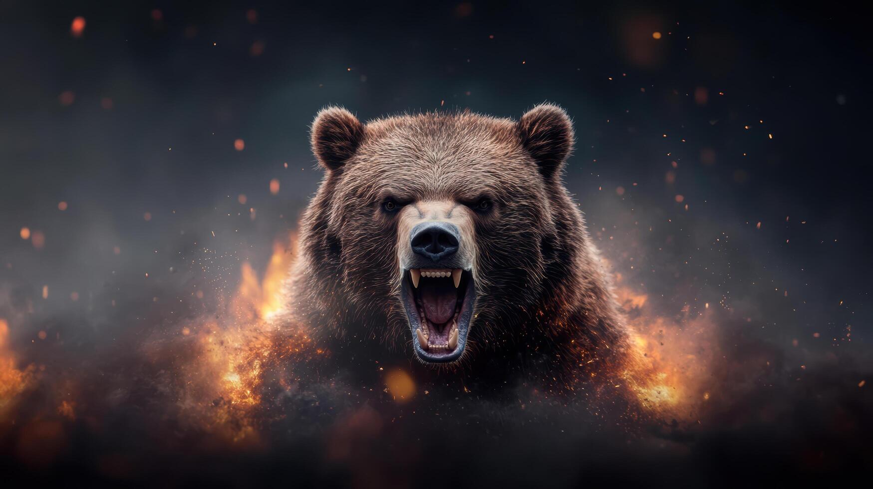 A bear is roaring in the dark with fire photo