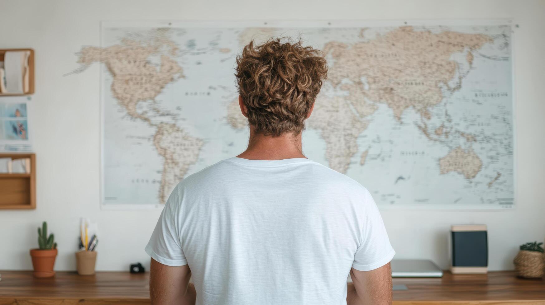 A man standing in front of a world map photo