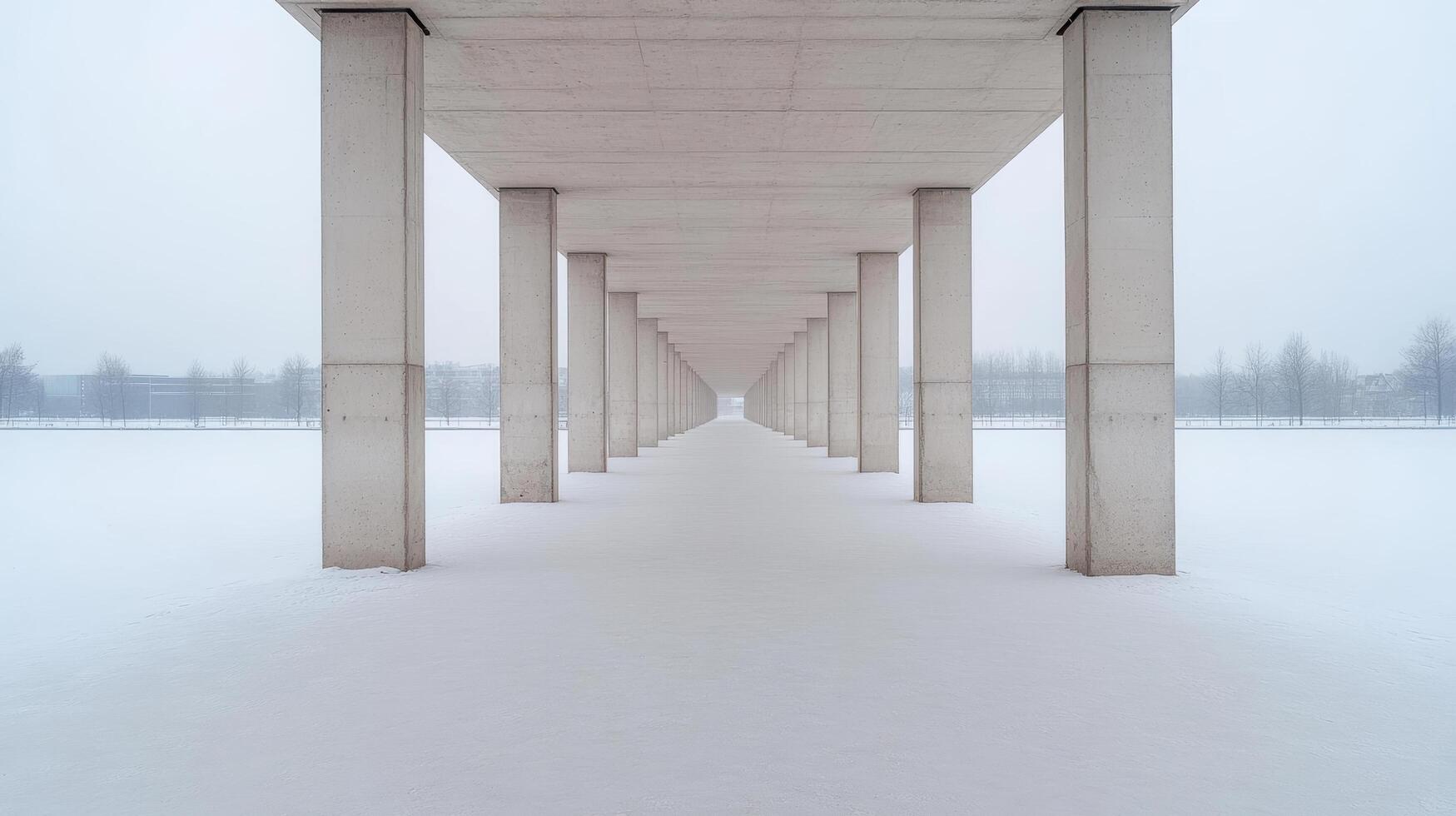 A long walkway under a bridge in the snow photo