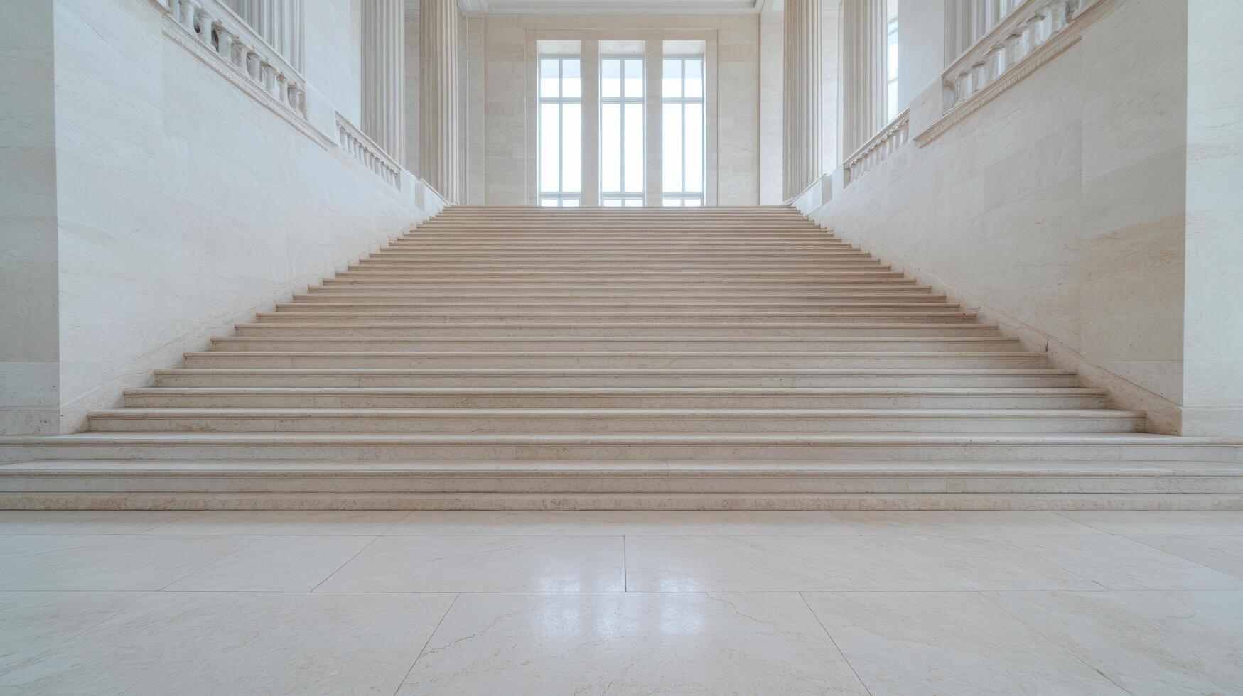 A white marble staircase in a building photo