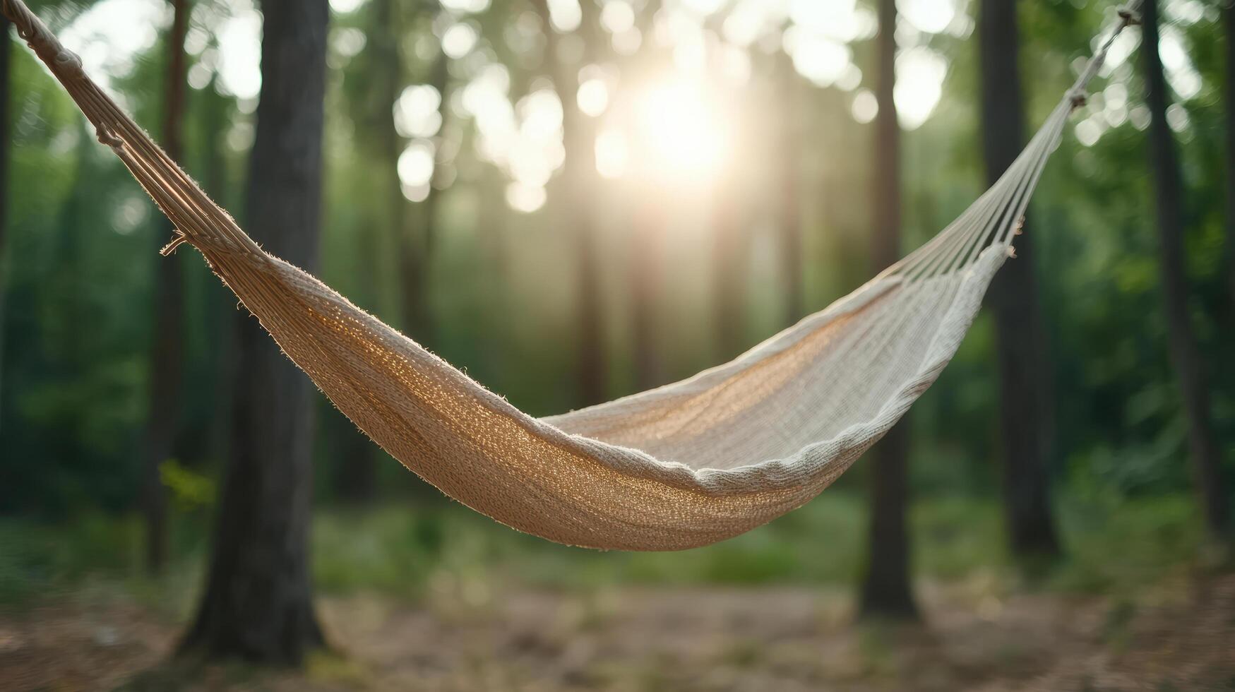 A hammock in the woods with the sun shining through photo