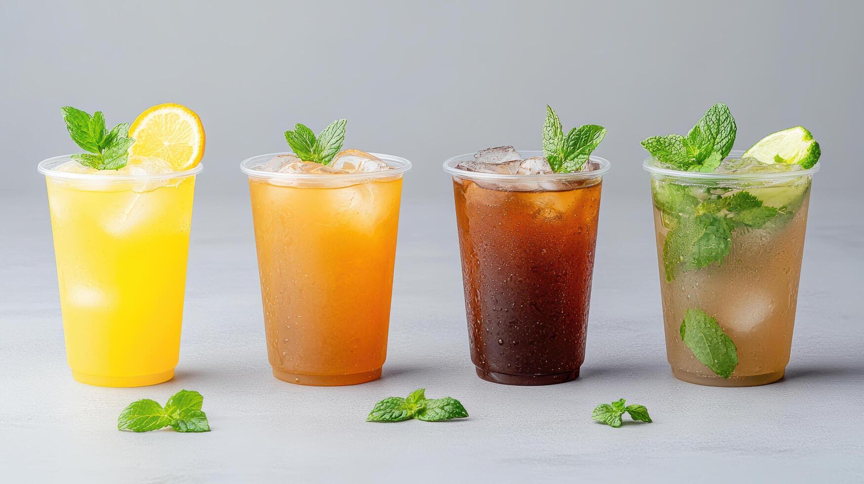 Four different types of iced drinks in glasses photo