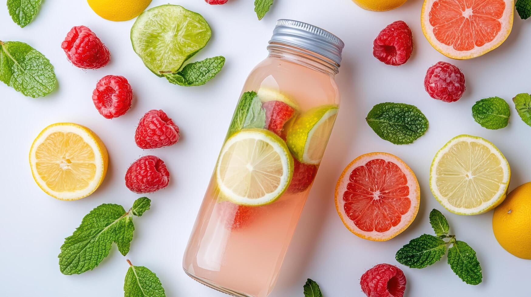 A glass jar with lemonade, raspberries and mint leaves photo