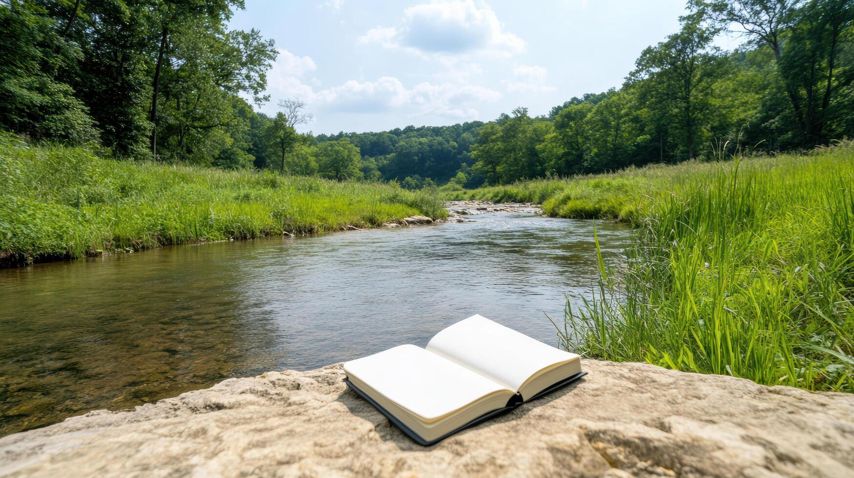 A book on a rock by a river photo