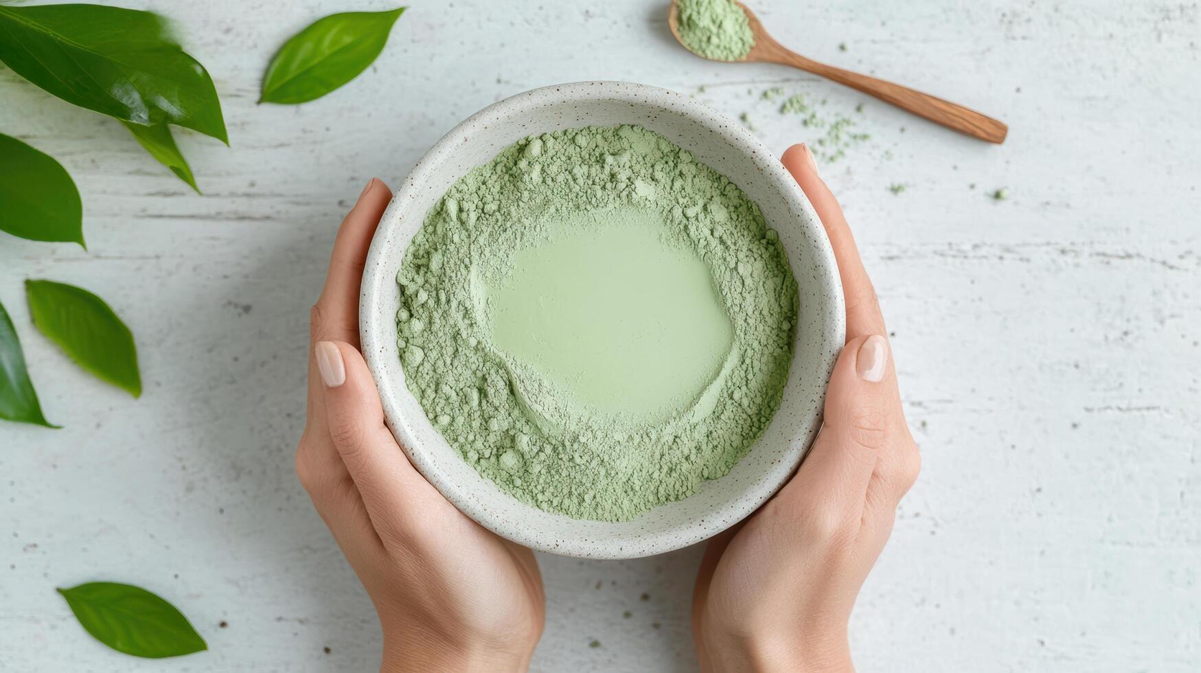 Green clay in bowl with hands on white background photo