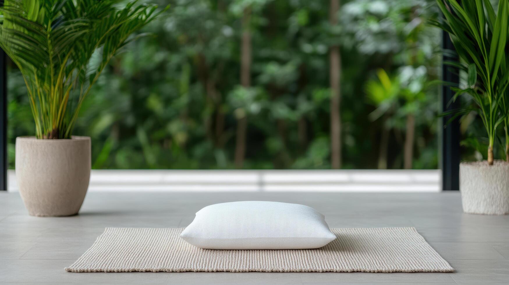 serene meditation space featuring white cushion on woven mat, surrounded by lush greenery photo