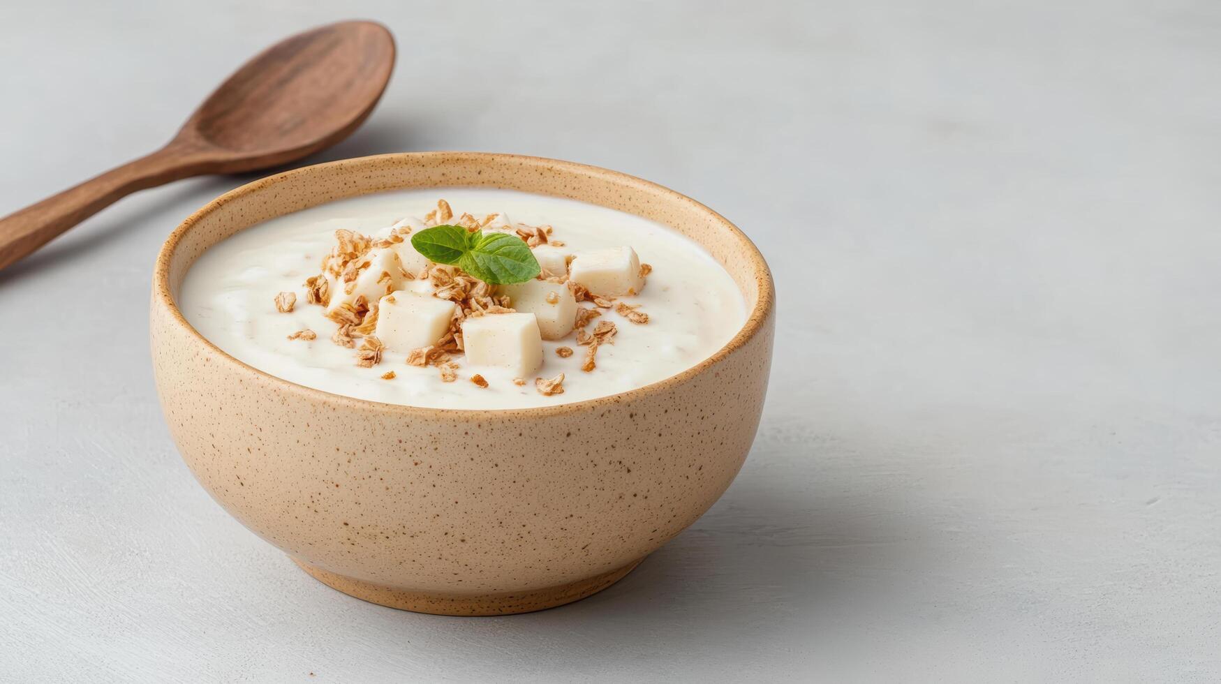 Yogurt with granola and a spoon on a gray background photo