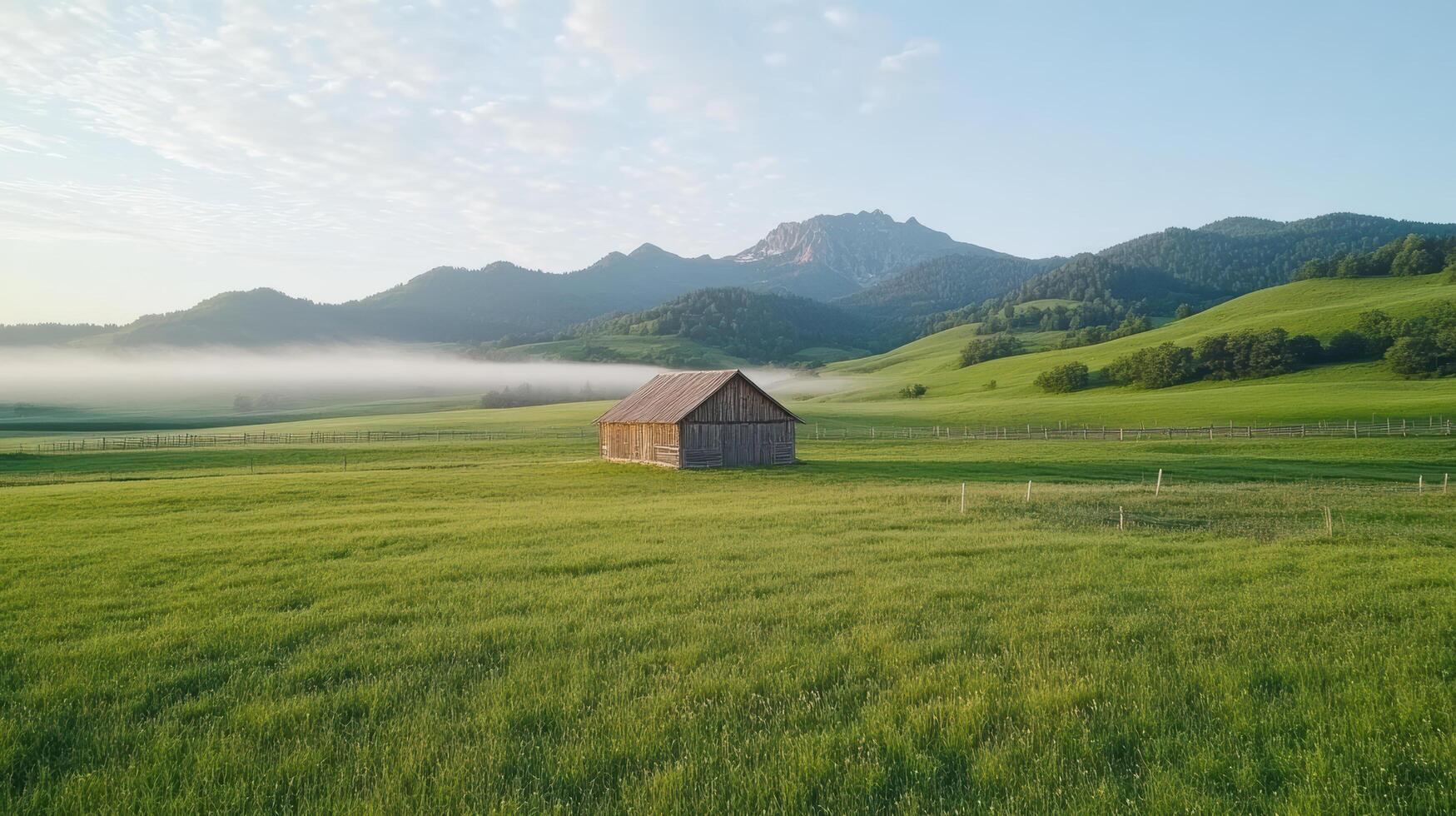 A small wooden house sits in the middle of a green field photo