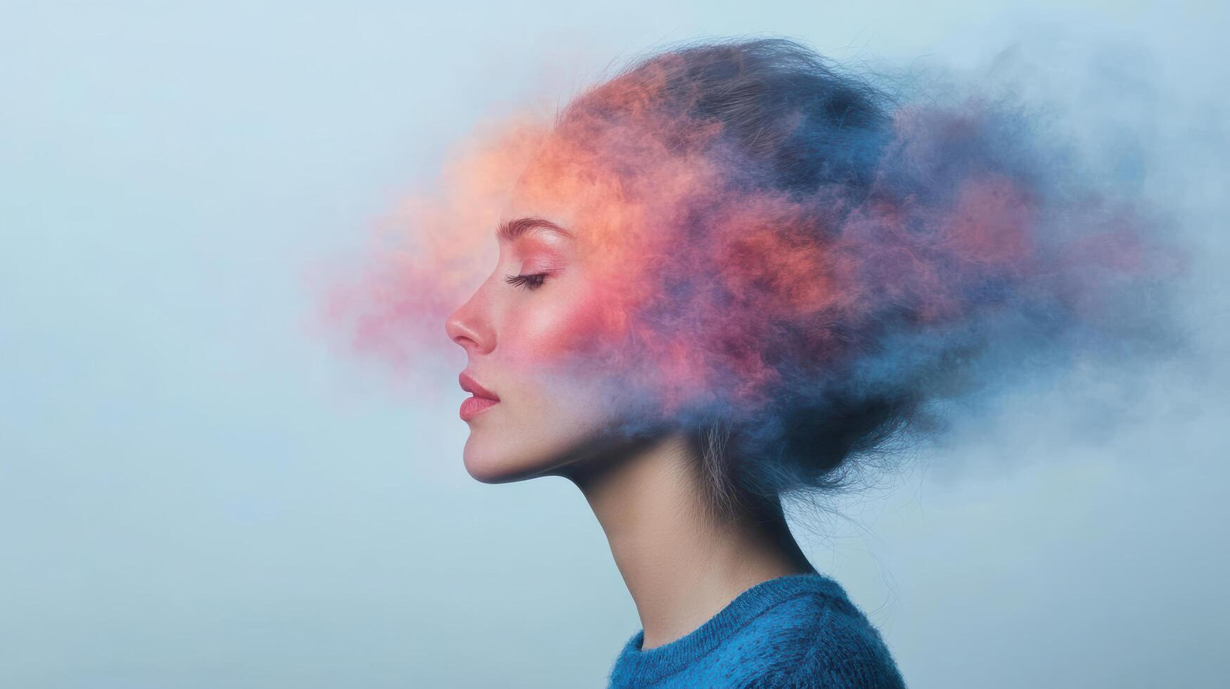 A woman with colorful smoke coming out of her head photo