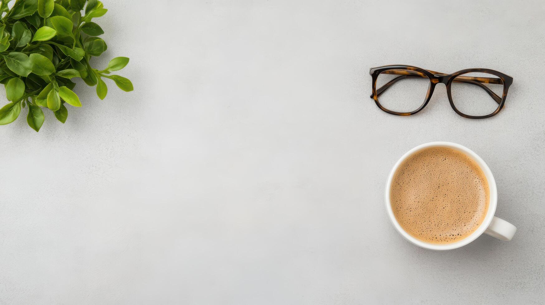 Coffee cup, glasses and plant on grey background photo