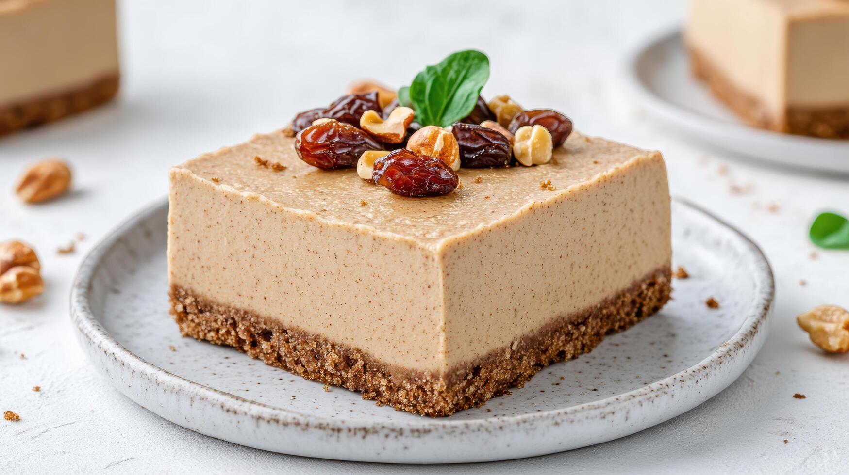 A piece of cake with nuts and raisins photo