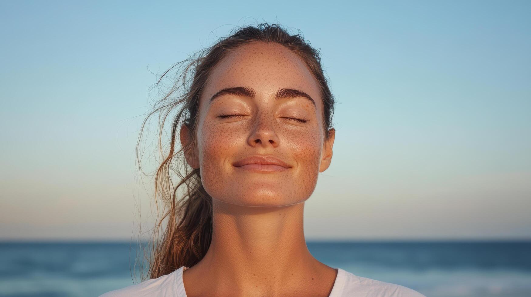 Calm ocean meditation moment with closed eyes and serene expression photo